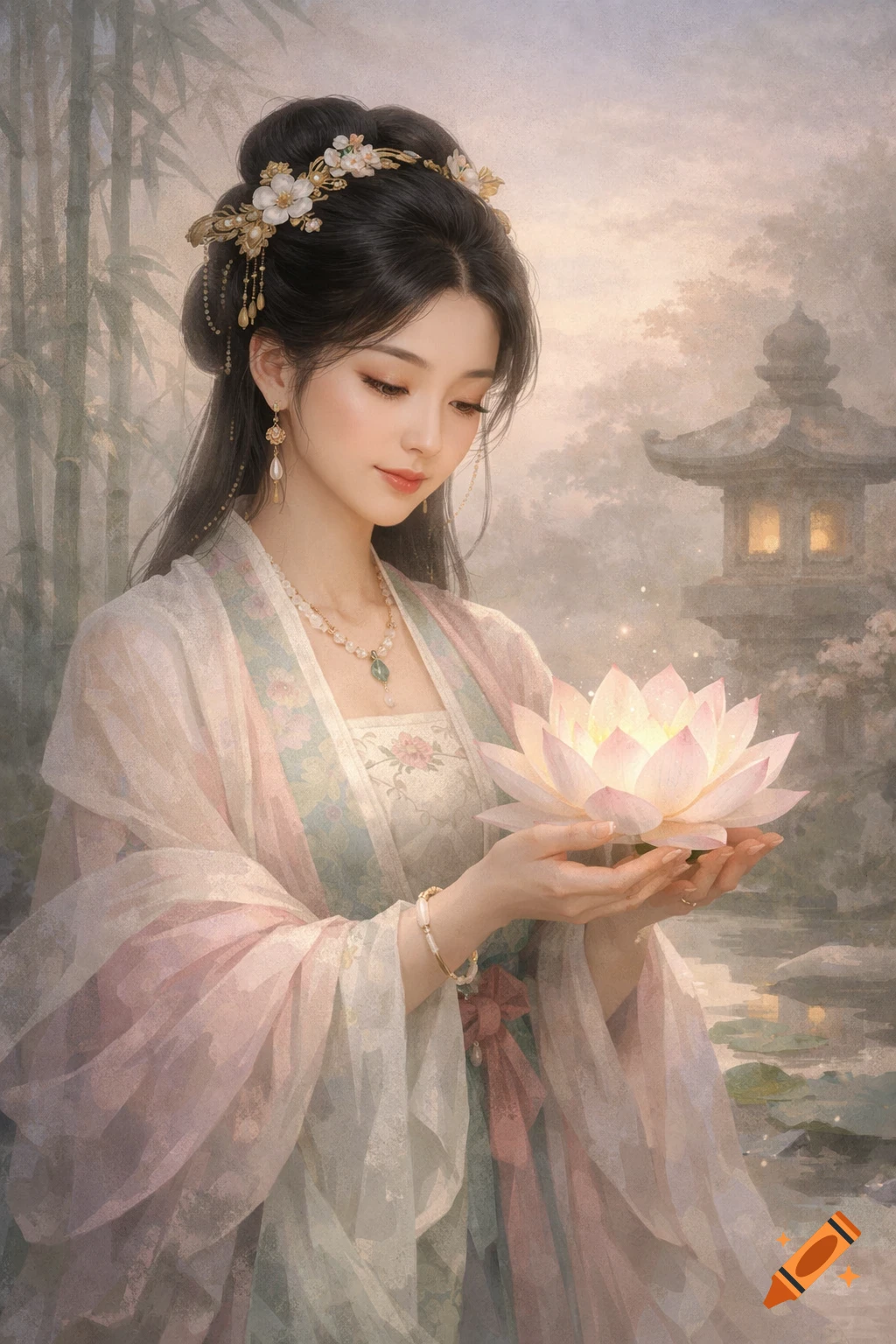 A woman in traditional East Asian attire holds a glowing lotus flower in a misty garden with bamboo and a pagoda.