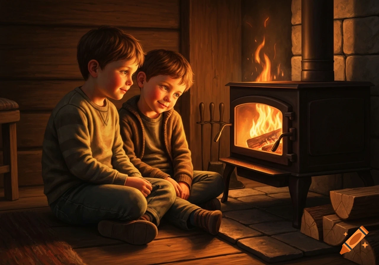 Two young boys sit on a wooden floor, bathed in the warm light of a wood-burning stove in a cozy, wood-paneled room.