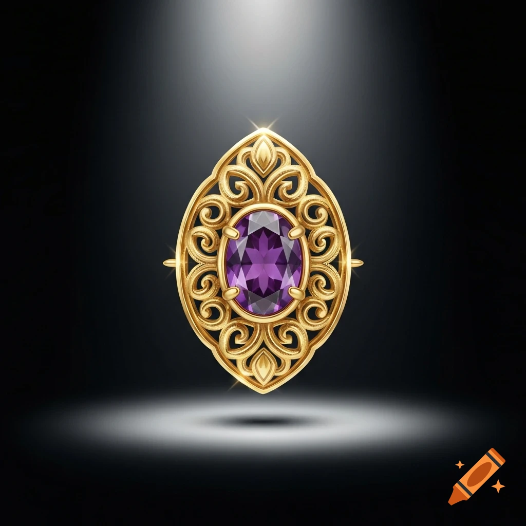 A decorative gold brooch with an oval purple gemstone and intricate filigree design against a dark background.