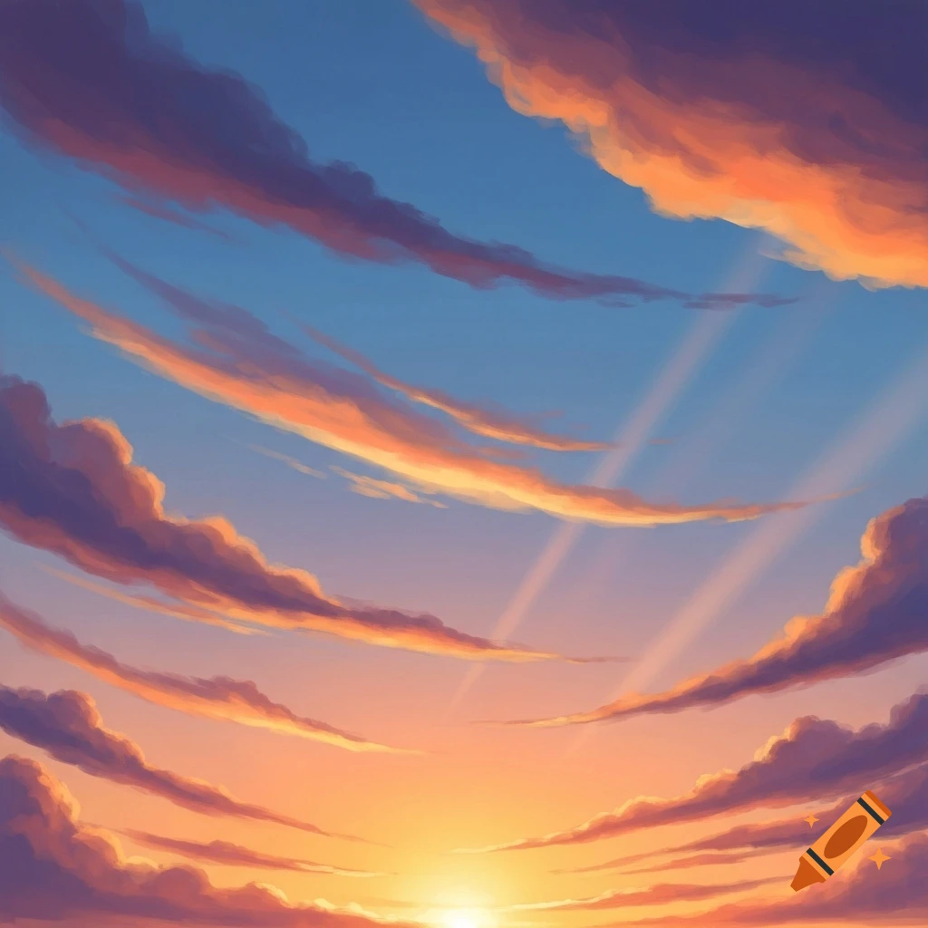 Stylized illustration of a vibrant sunset sky with long, streaky clouds and sun rays.