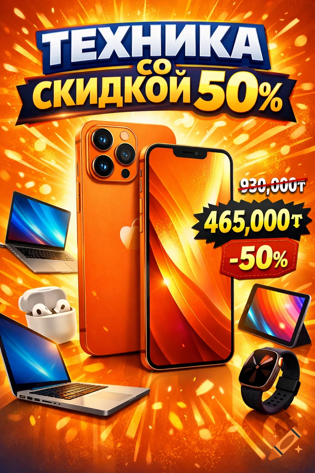 An orange advertisement featuring an iPhone 15 Pro Max, a laptop, earbuds, a tablet, and a smartwatch. The ad promotes 'TECHNIKA with a 50% discount' in Russian, showing crossed-out and discounted prices.