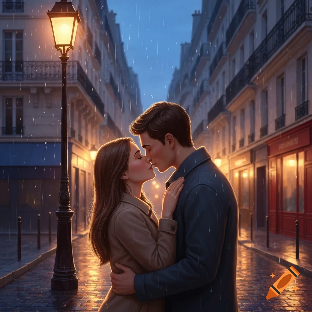 An illustrated romantic scene of a couple kissing on a rainy European city street at night, illuminated by a lamppost.
