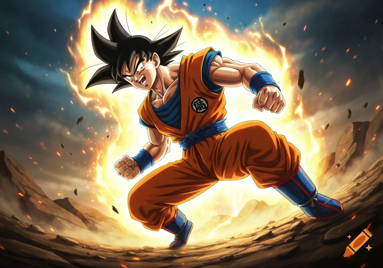 Goku from Dragon Ball in an orange gi and blue undershirt stands powerfully on a rocky landscape, surrounded by a bright yellow energy aura, in anime style.