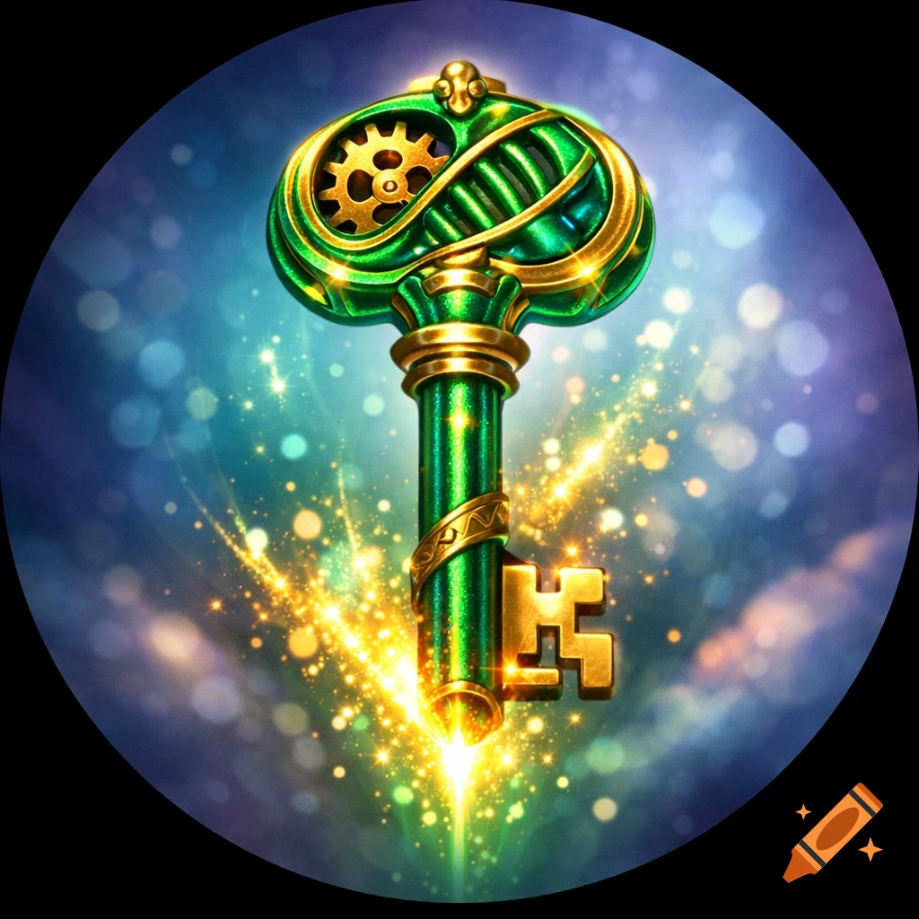 A vibrant green and gold steampunk-style key with intricate gears and glowing golden particles on a blue bokeh background.