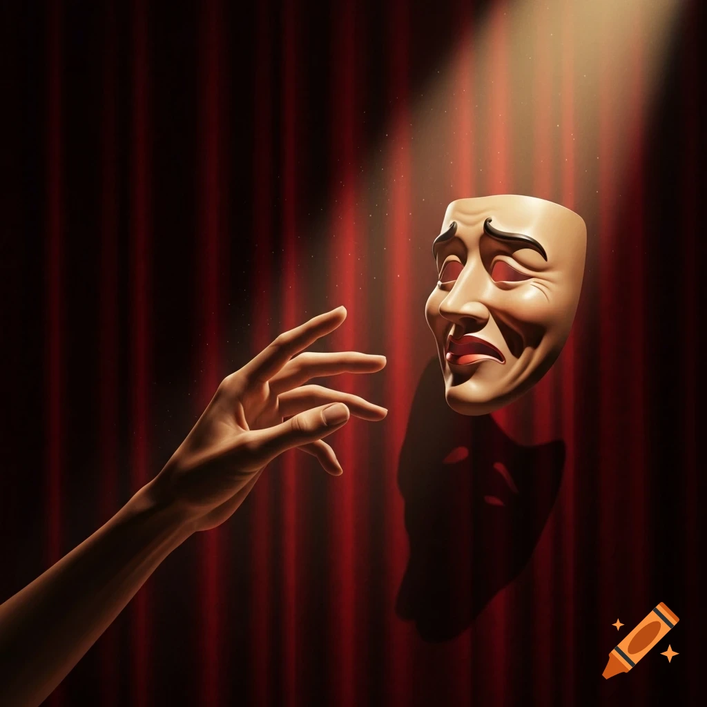 A hand reaches towards a sorrowful theatrical mask in a spotlight against red stage curtains, rendered in a dramatic art style.