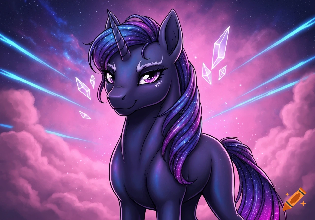 A dark purple unicorn with a blue and purple galaxy-patterned mane and tail, glowing pink eyes, and a horn, set against a pink and blue cosmic background with glowing crystals.