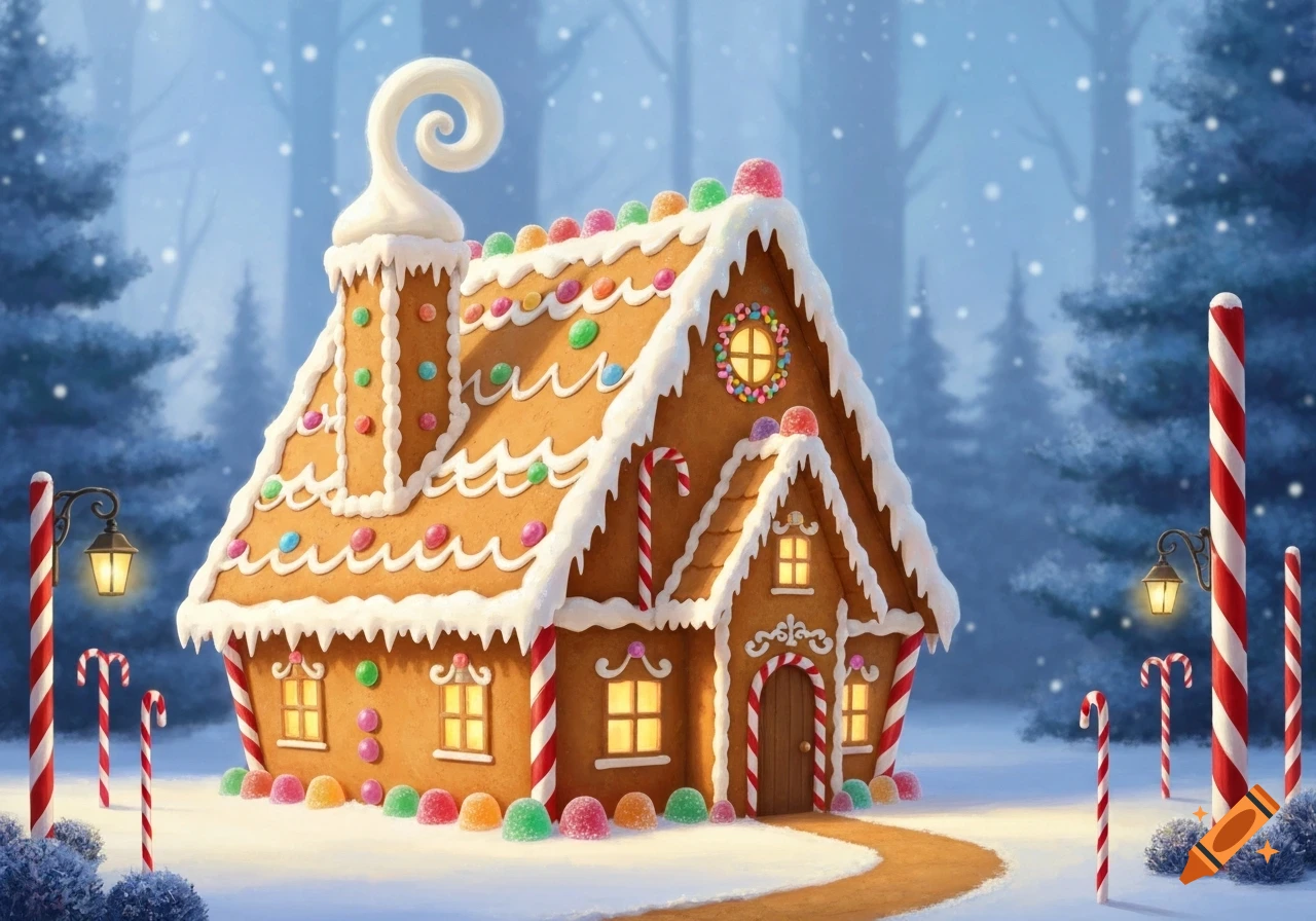 A whimsical gingerbread house decorated with colorful candy and white icing, in a snowy winter forest scene with candy canes.