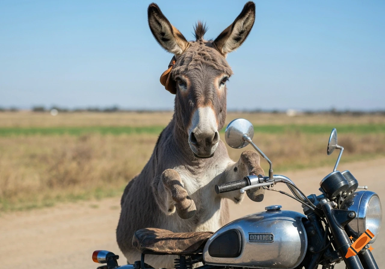 A photorealistic donkey stands on its hind legs behind a vintage motorcycle on a dirt road, looking at the viewer under a clear blue sky.