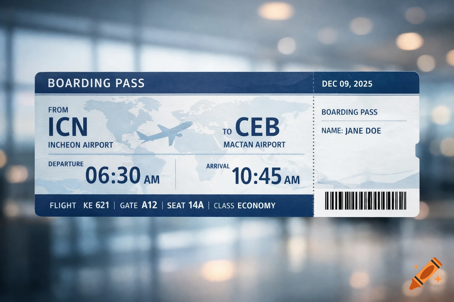 A photorealistic boarding pass for a flight from Incheon Airport to Mactan Airport, departing at 6:30 AM and arriving at 10:45 AM on December 9, 2025.