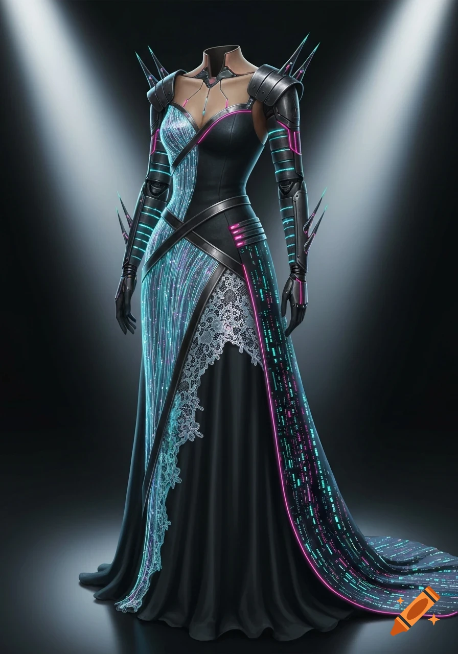 A futuristic black gown with glowing cyan and pink digital patterns, metallic armor, and white lace, displayed on a headless mannequin under spotlights.
