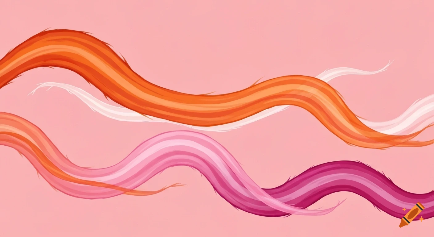 Dreamy, flowing ribbons in lesbian pride flag colors (orange, white, pink) wave across a pastel pink background.