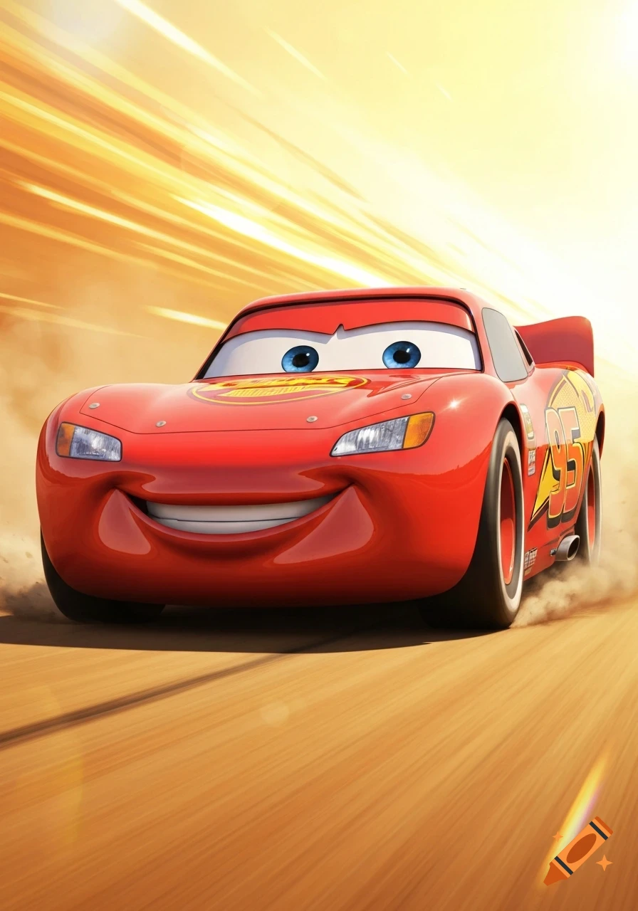 Lightning McQueen, a red animated race car with a smiling face, speeds across a track, kicking up dust against a bright, streaked background.