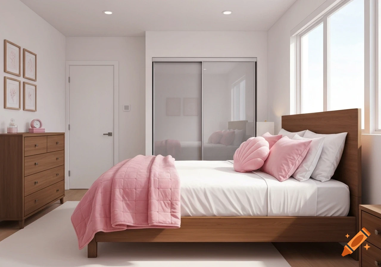 A realistic image of a cozy modern bedroom with a wood bed frame, pink bedding, and a sliding door closet.