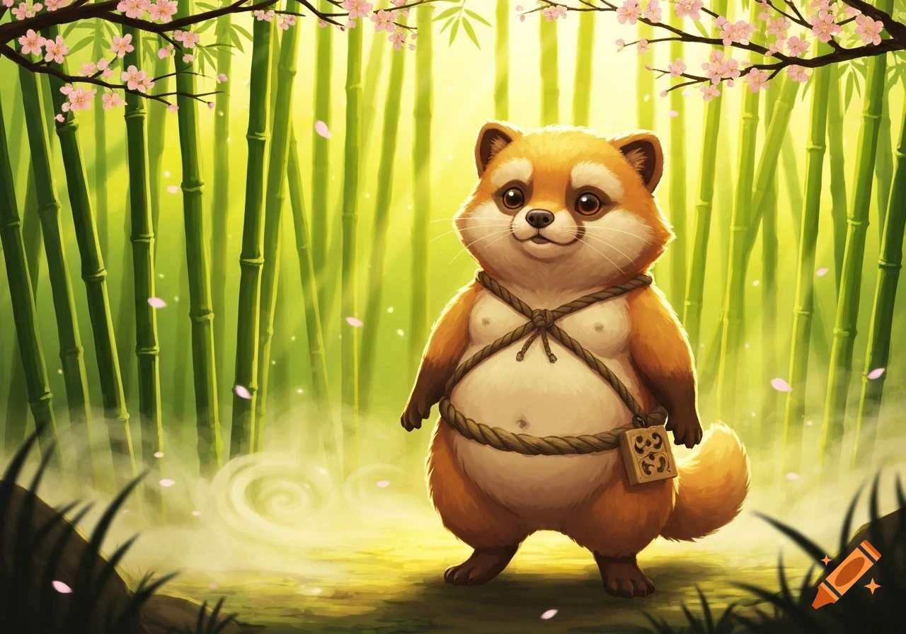 A cute, round tanuki wearing a rope belt stands in a vibrant green bamboo forest with pink cherry blossoms, illustrative style.