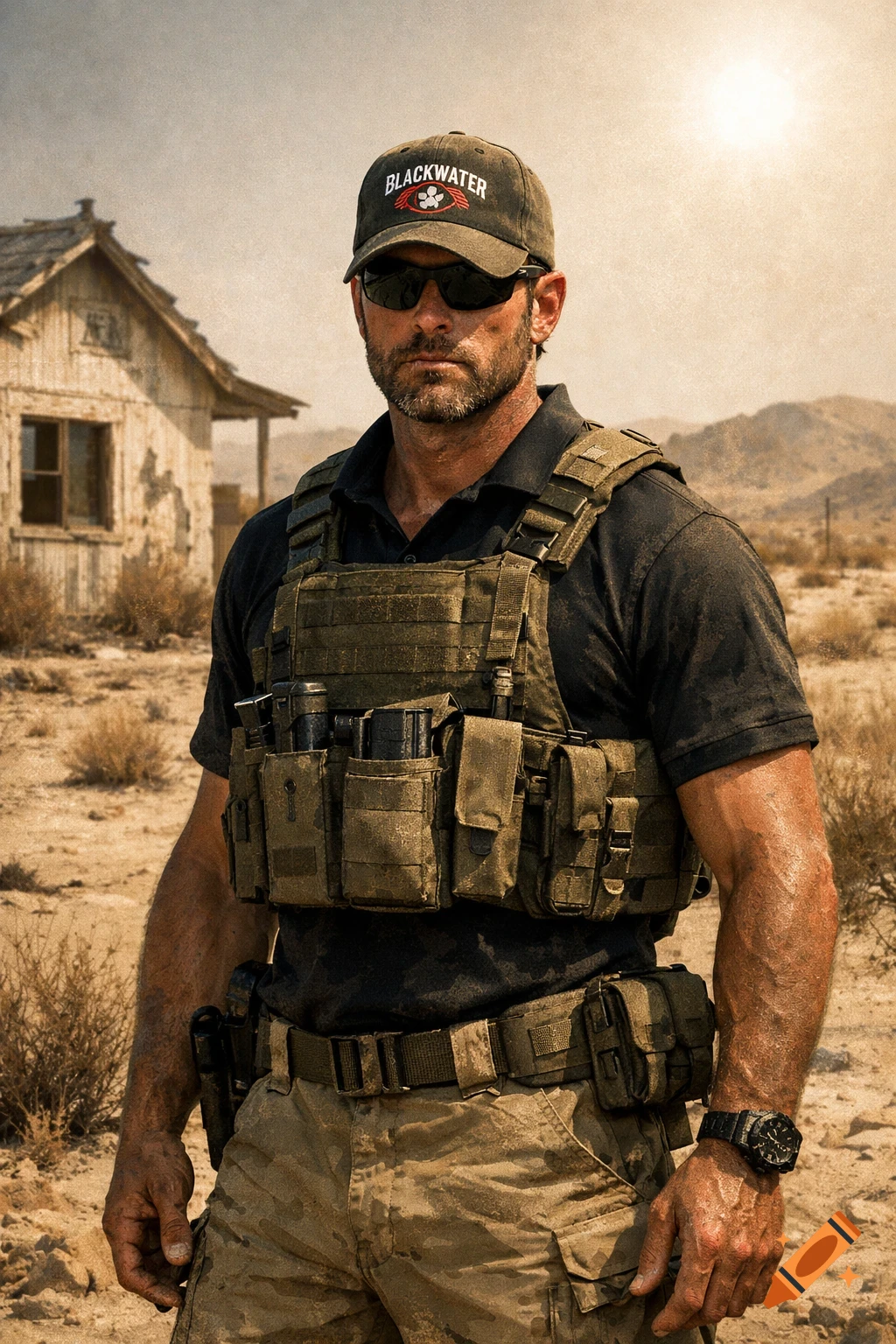 A man in tactical gear, including a plate carrier, sunglasses, and a 'Blackwater' cap, stands in a desert landscape near a dilapidated building.