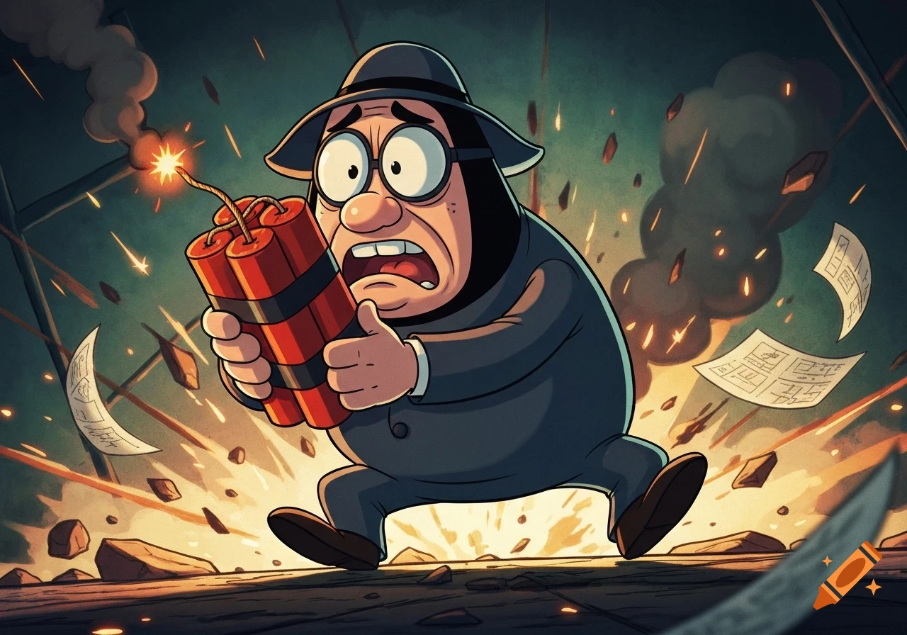 A cartoon character resembling Penfold runs in panic, wide-eyed, holding lit dynamite with an explosion detonating behind him.