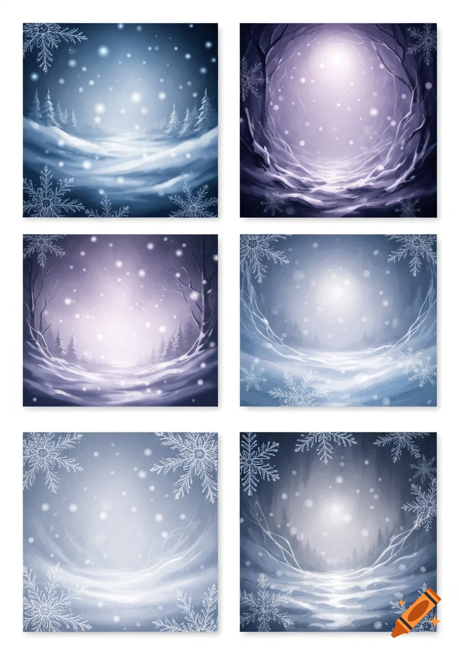 Six digital art winter scenes with snowflakes, snow-covered landscapes, and bare trees in blue and purple gothic tones.