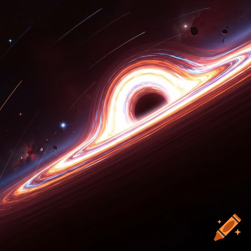 A black hole with a vibrant, glowing orange and blue accretion disk swirling around it against a dark, star-filled cosmic background.