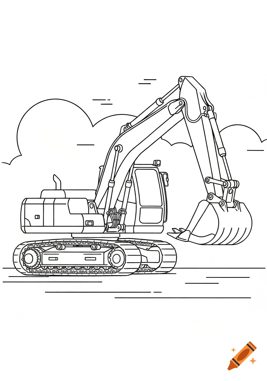 A black and white line art drawing of an excavator, suitable for a coloring page.