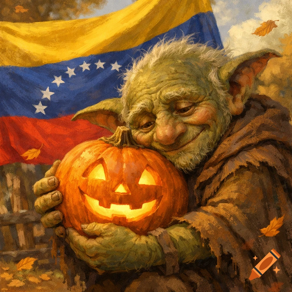 A painterly illustration of an elderly goblin happily cuddling a glowing jack-o'-lantern, with a Venezuelan flag behind.