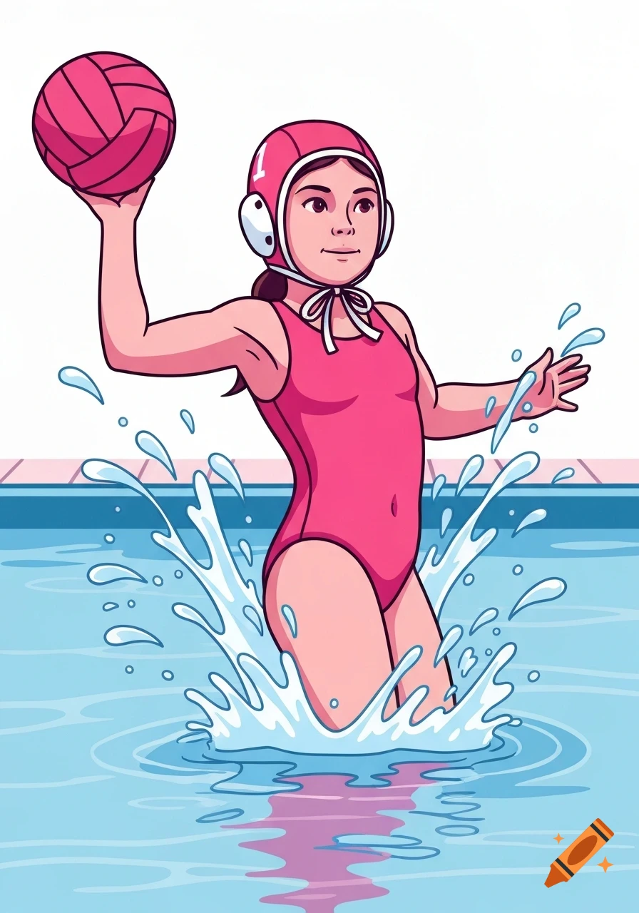 A cartoon girl in a pink swimsuit and water polo cap holding a pink water polo ball, splashing in a blue pool.