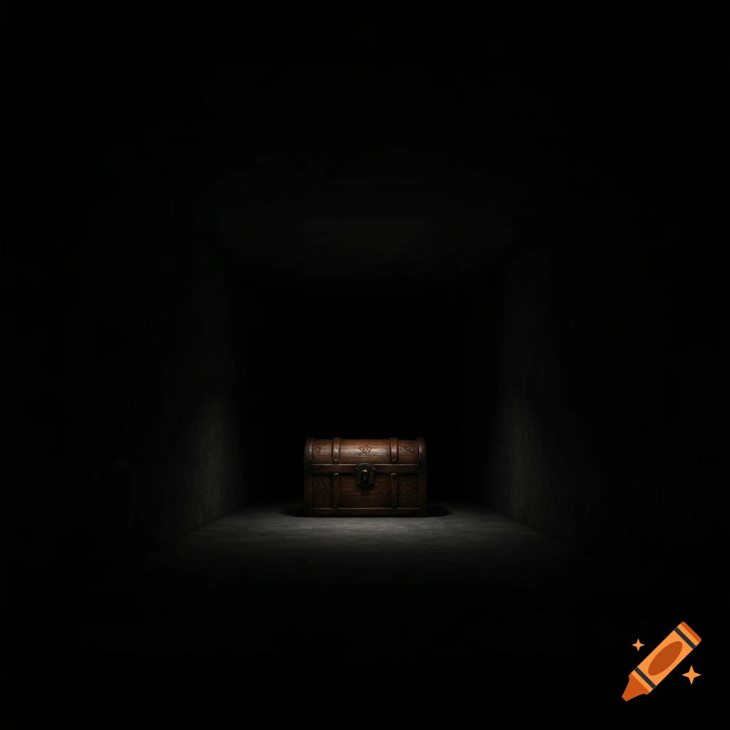A solitary wooden treasure chest with metal clasps sits in the center of a dimly lit, dark room, highlighted by a faint spotlight.