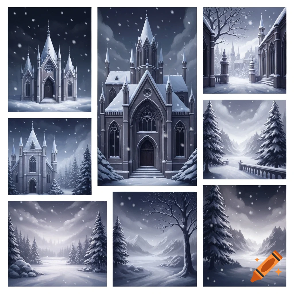 A collage of digital art illustrations depicting gothic castles and snowy winter landscapes with pine trees under a dark, cloudy sky.