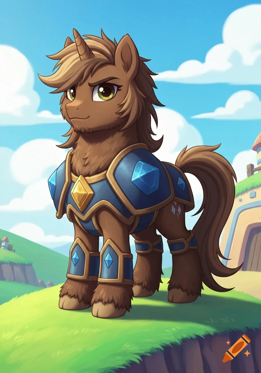 A brown shaggy-maned unicorn with green eyes, wearing blue and gold armor with gems, stands on a grassy cliff overlooking a village in a cartoon style.