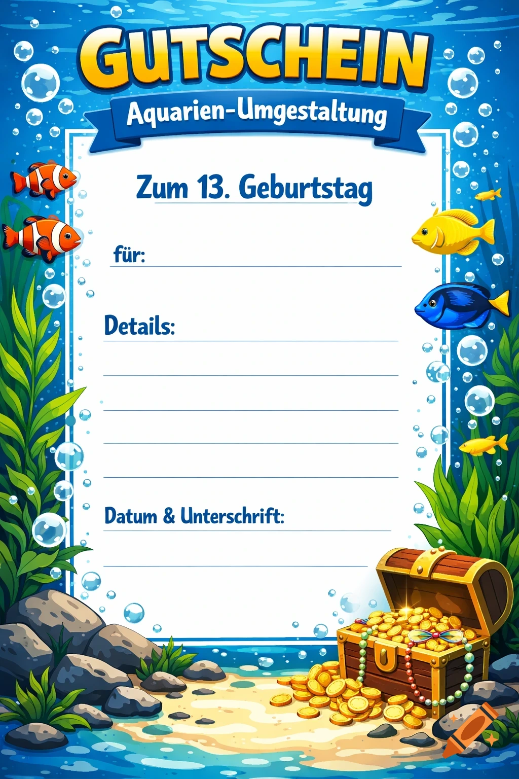 Colorful aquarium-themed birthday voucher with fish, plants, a treasure chest, and fields for details and signature.