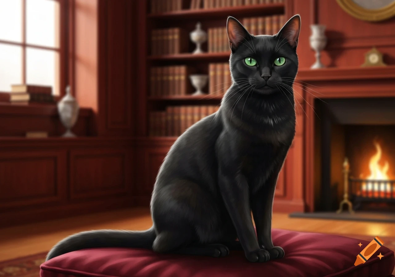 A sleek black cat with bright green eyes sits on a red cushion in a richly decorated room with a bookshelf and a lit fireplace.