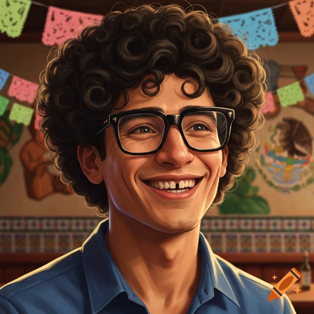Smiling man with curly black hair, glasses, and a gap in front teeth, against colorful Mexican papel picado.