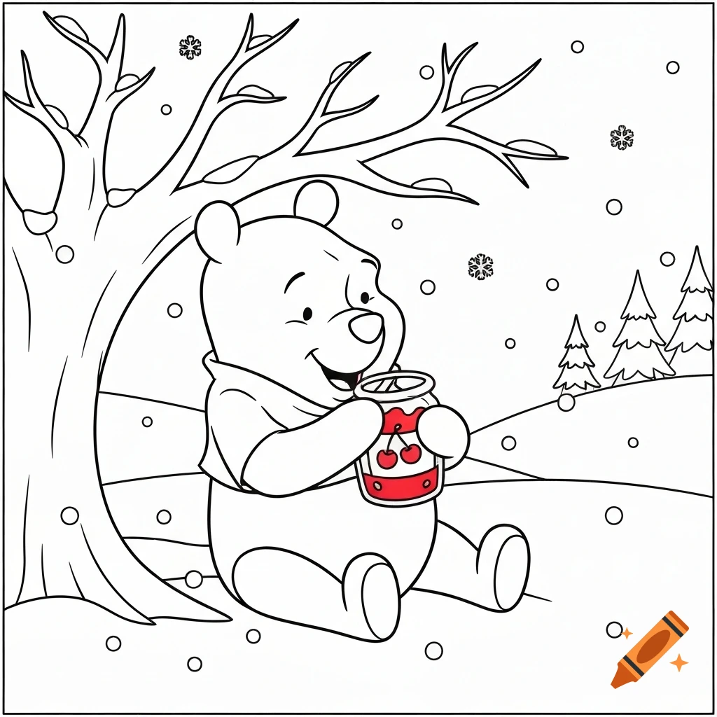 Black and white coloring page of Winnie the Pooh sitting under a tree in snow, happily holding a jar of cherry jam. Winter scene with pine trees.