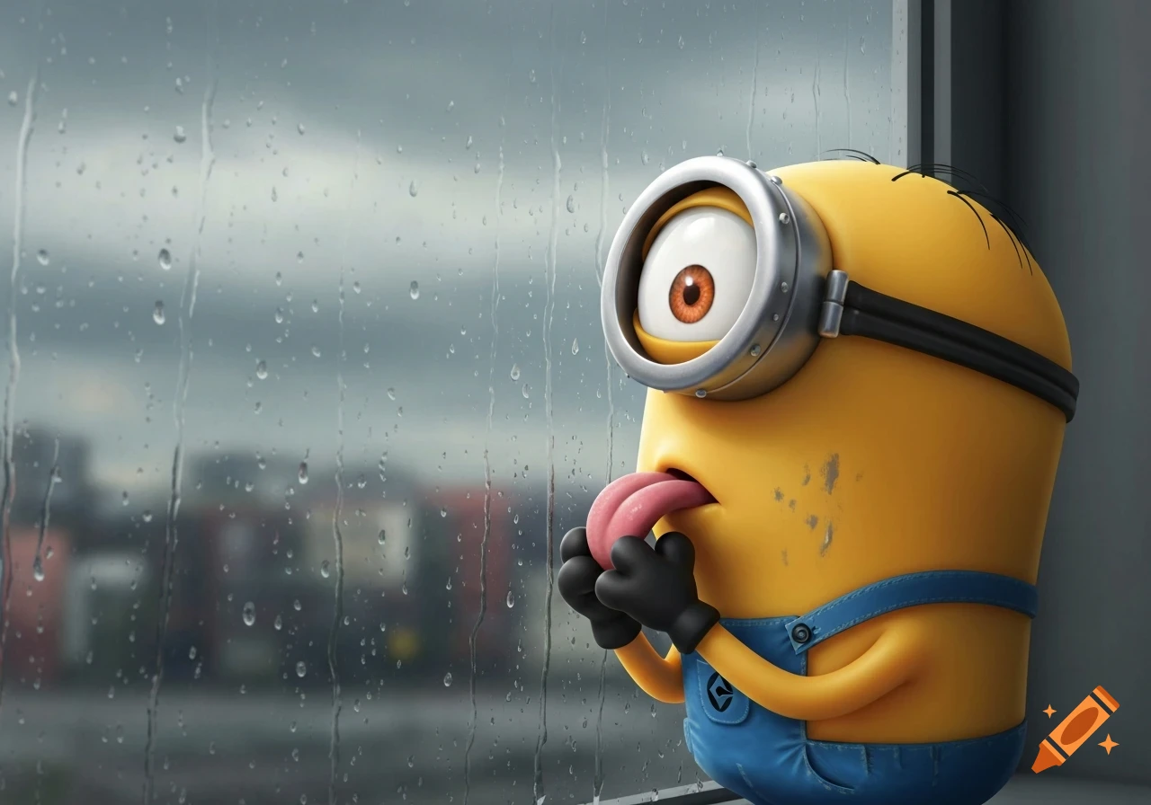 A 3D animated Minion character with goggles stares out a rainy window, licking the glass with its tongue.