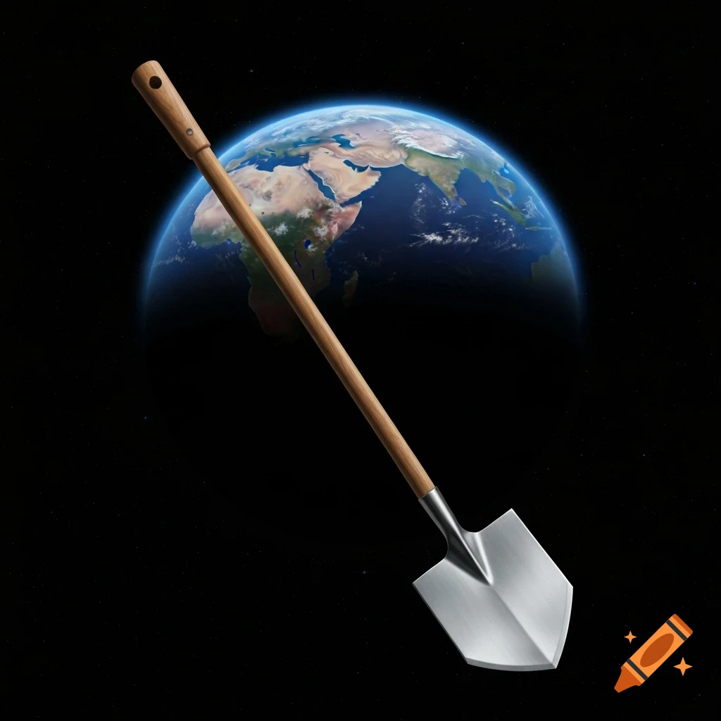 A polished silver spade with a wooden handle floats in the blackness of space, in front of a blue and green Earth.