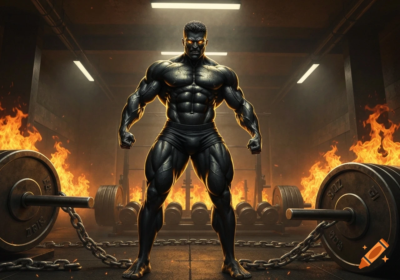 A powerful, heavily muscled dark-skinned man with glowing eyes stands defiantly in a fiery, industrial gym with barbells and chains.