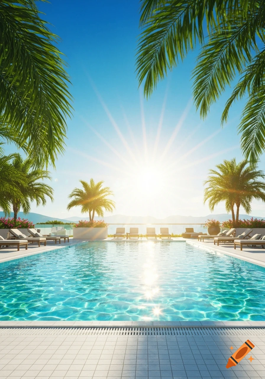 A luxurious infinity swimming pool with white lounge chairs on a sunny day, framed by palm trees and overlooking a distant ocean.