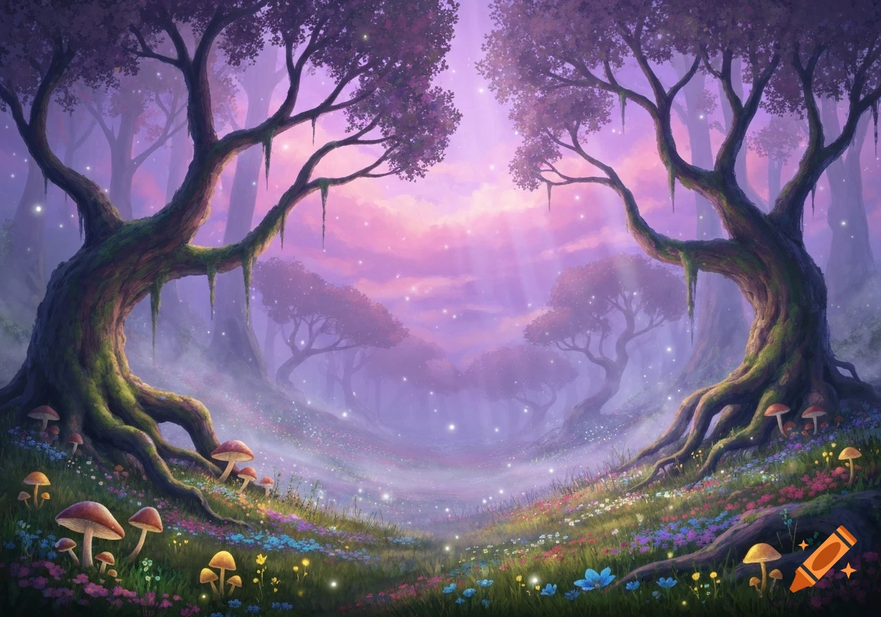A dreamy fairytale forest with glowing purple trees, magical mushrooms, and colorful flowers under a pink and purple sky with sparkling lights.
