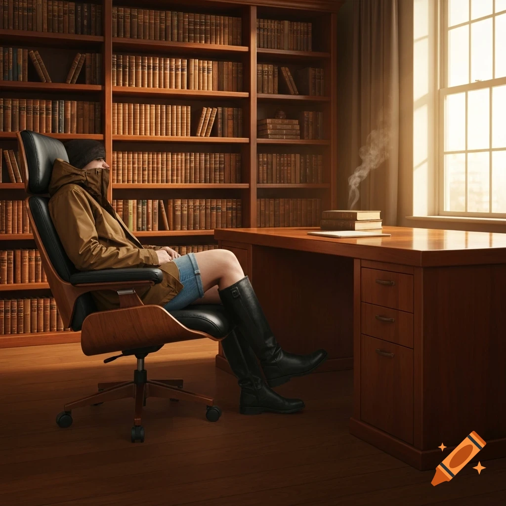 A person in a brown jacket, blue shorts, and black boots sits in a modern office chair in a sunlit library.