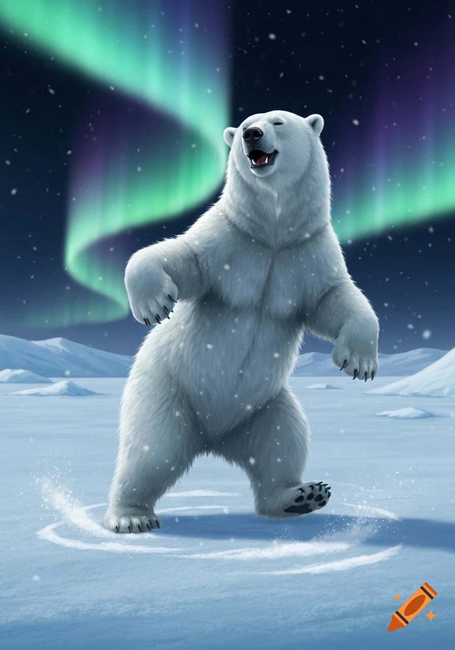 A happy polar bear dances in a snowy Arctic landscape under a vibrant green and purple aurora borealis.