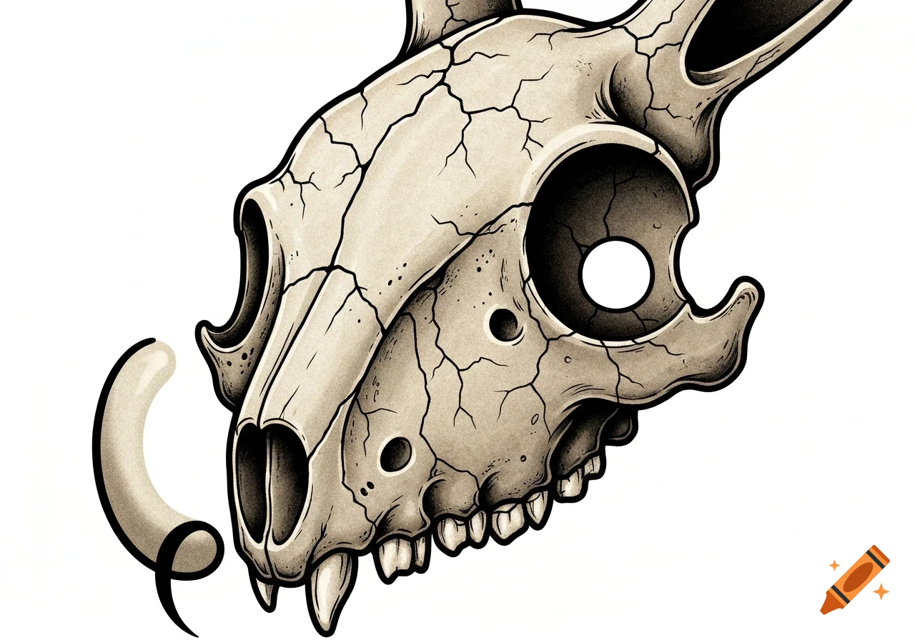 Stylized tattoo illustration of a cracked rabbit skull with comma-shaped nostrils and circular eyes.