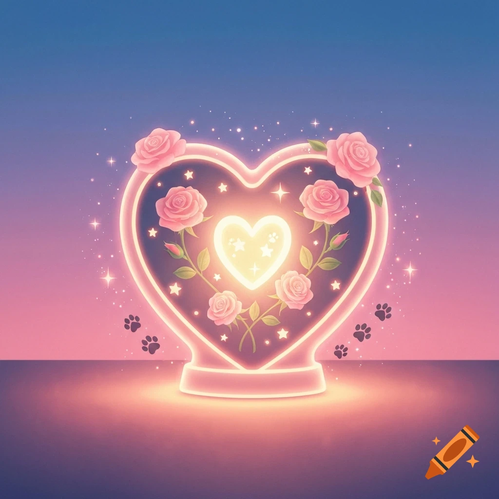 A glowing pink heart filled with roses, stars, and an inner glowing heart, with floating paw prints on a pastel gradient background.