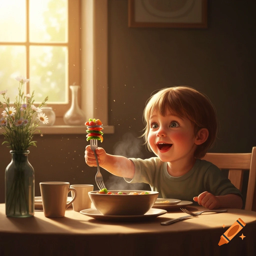 A happy child with big eyes holds up a fork with stacked vegetables over a steaming bowl at a sunny dinner table.
