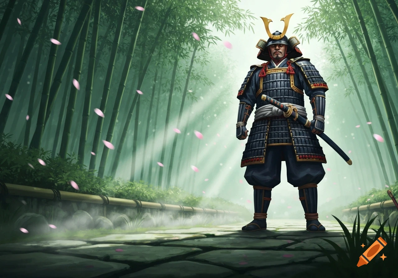 A samurai in black armor and a horned helmet stands in a lush bamboo forest with falling pink petals.