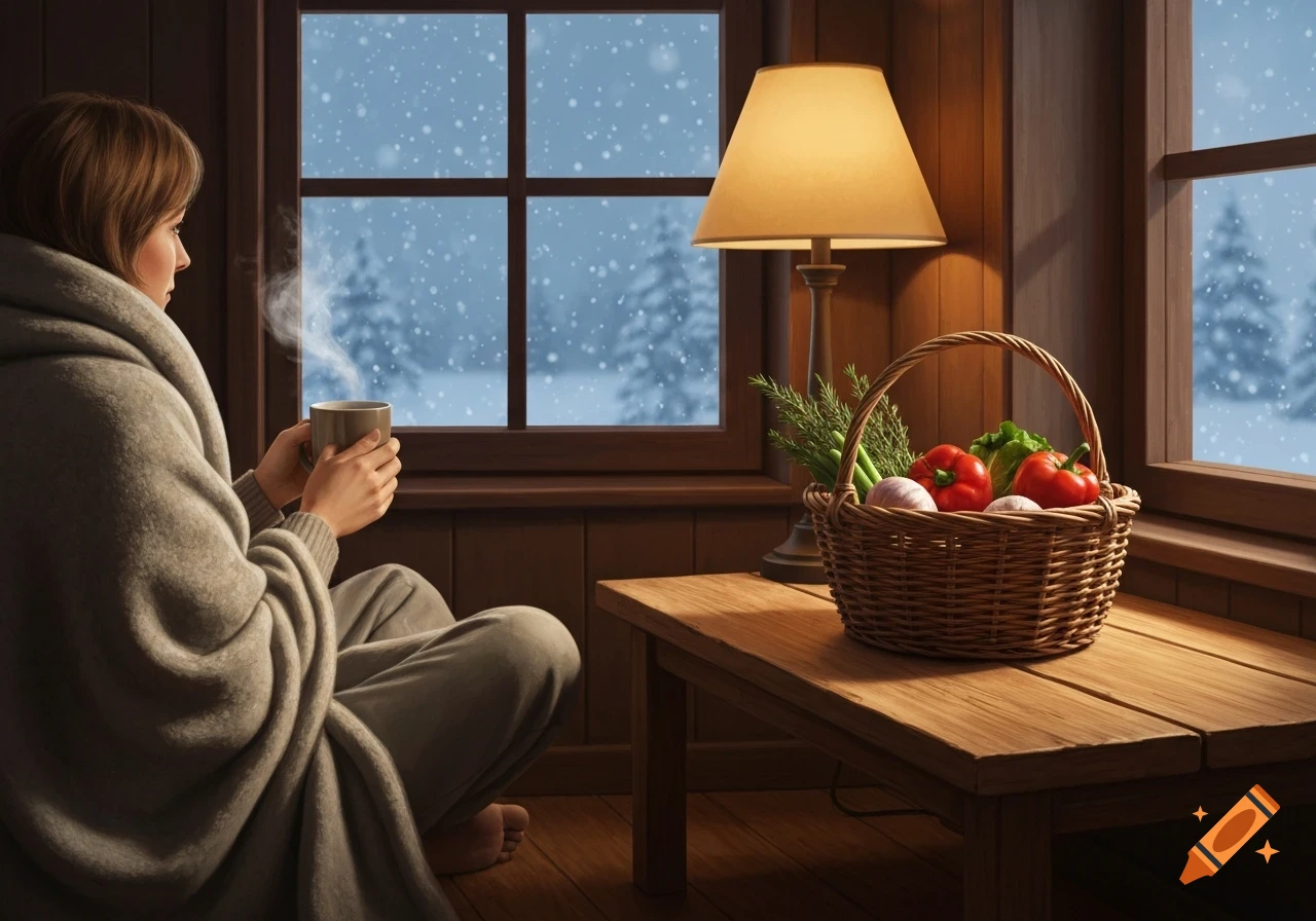A person in a blanket sits by a window with a cup, watching snow. A basket of vegetables is on a table in this cozy winter scene.