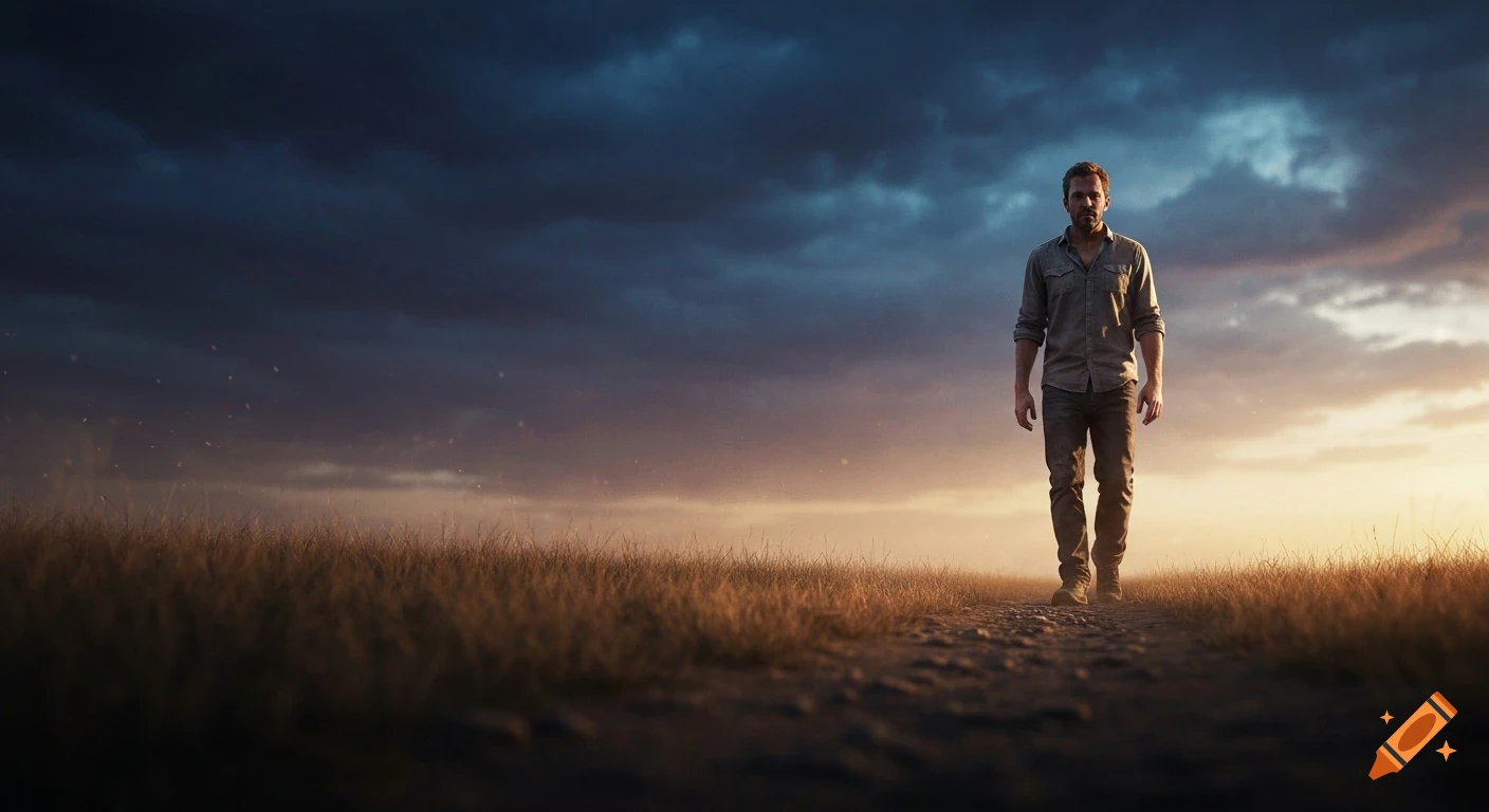 A man walks on a path through a field of dry grass under a dramatic sunset sky with dark clouds.