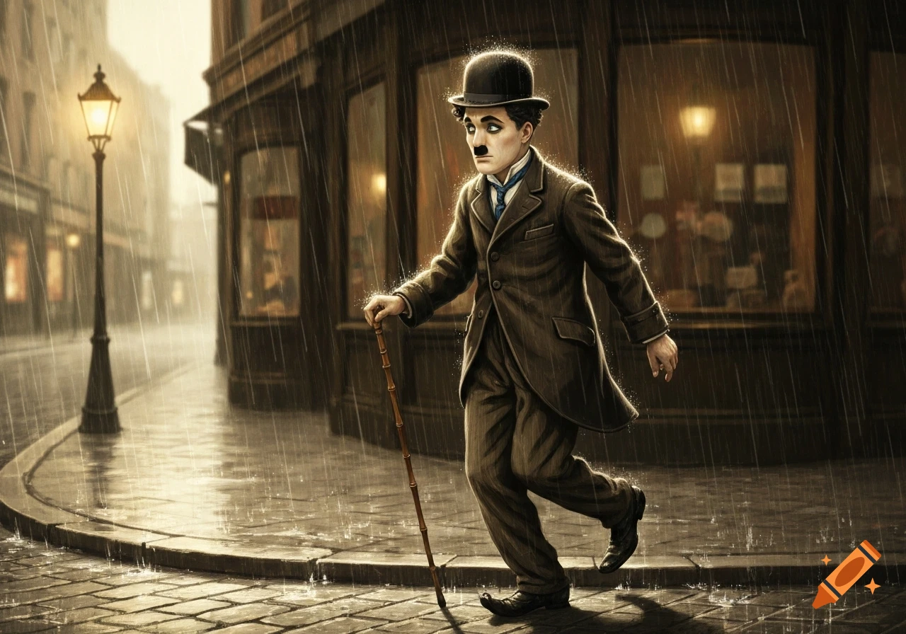 Charlie Chaplin walks down a rainy, cobbled street at night, holding a cane, past lamplit shop windows.