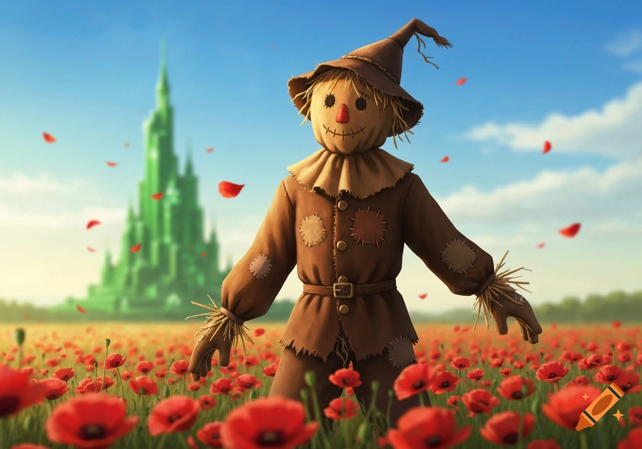 A whimsical scarecrow stands in a vibrant red poppy field, with red petals falling and the green Emerald City in the background.