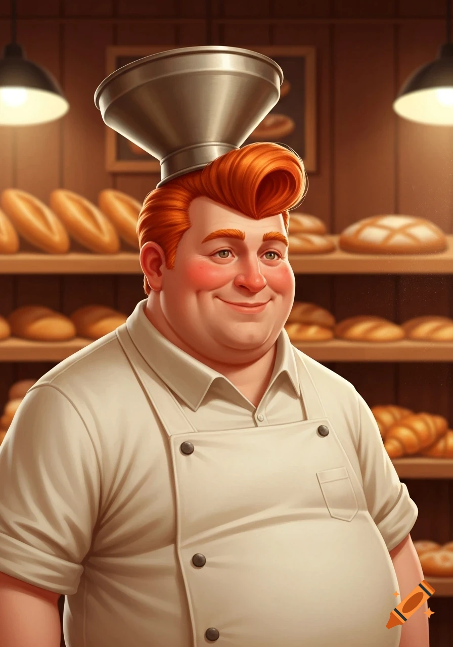 A plump, smiling, red-haired baker with a funnel hat stands in a bakery with shelves of bread, in a cartoon style.