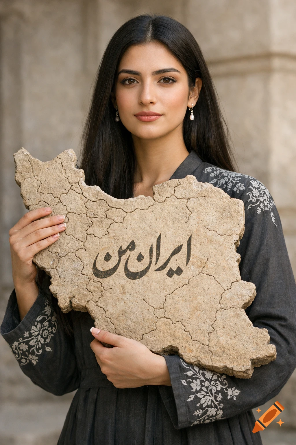 A young Persian woman in a gray embroidered dress holds a cracked stone map of Iran with the text 'ایران من' (Iran Man) engraved on it.