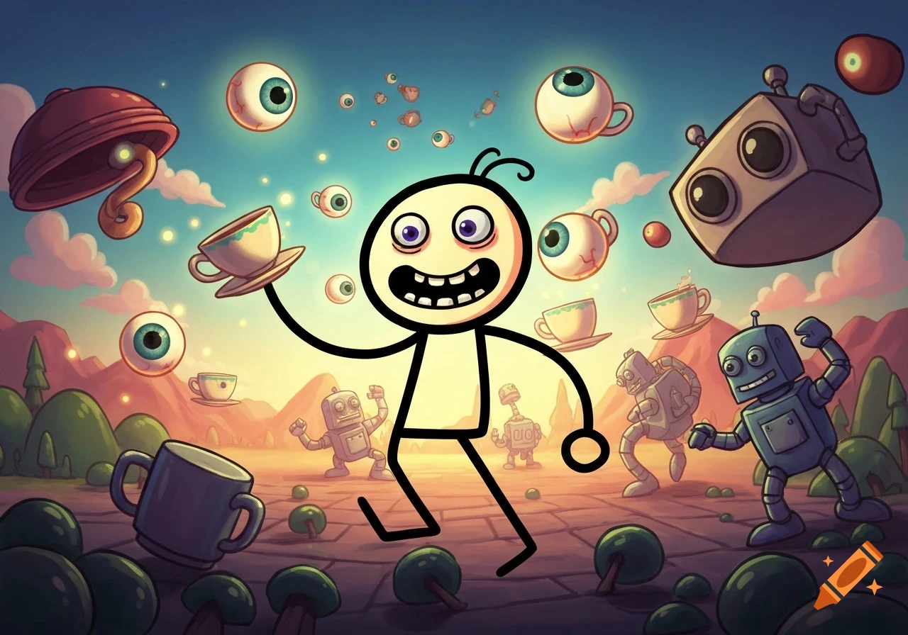 A happy, cartoonish stick figure walks through a surreal landscape with floating eyeballs, teacups, and dancing robots.